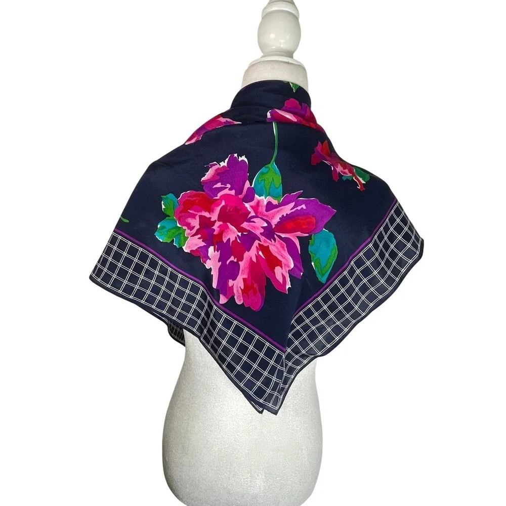 Liz Claiborne Vintage 100% Silk Scarf Navy Blue Pink Floral Windowpane Japan 31